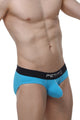 Man wearing a blue men's underwear with 'PETITQ' branding on a white background